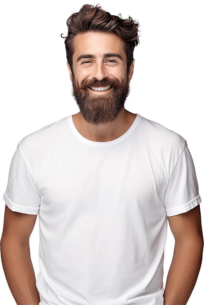 A man with a thick beard and styled hair smiles warmly while wearing a plain white t-shirt. The background is transparent, focusing attention solely on the man's happy and friendly expression.