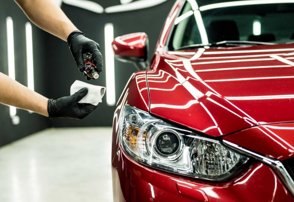 A person wearing black gloves applies detailing spray to a shiny red car using a white cloth. The car is parked in a well-lit area with reflective lighting, highlighting its sleek design and polished finish.